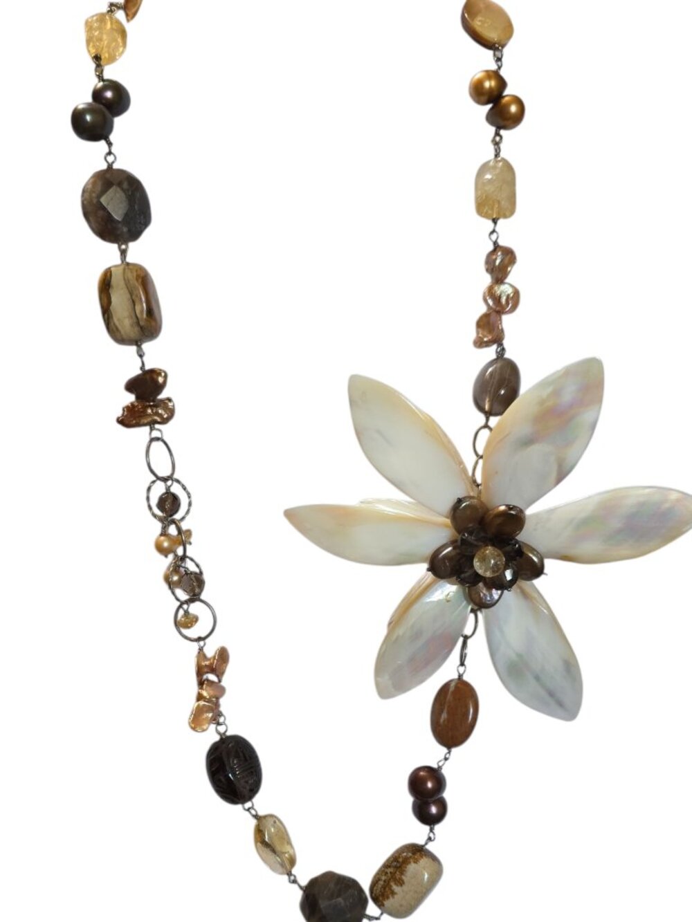 Sterling Silver Mother-of-Pearl "Flower" Boho Chic Smoky Quartz Jasper Necklace